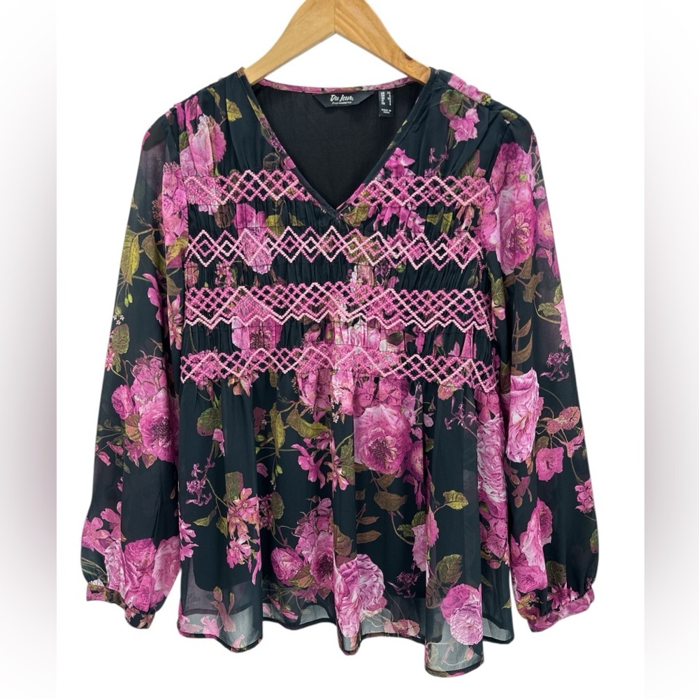 Du Jour Floral Embroidered Sheer V-Neck Blouse Black Pink Long Sleeve XS